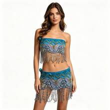 1pc Women's Deep Blue Satin Embroidered Butterfly Waist Chain With Sequins & Beaded Fringe - Belly Dance, Festival, Rave, Coachella, Boho, Beach Party Body Jewelry - Multicolor - View 5