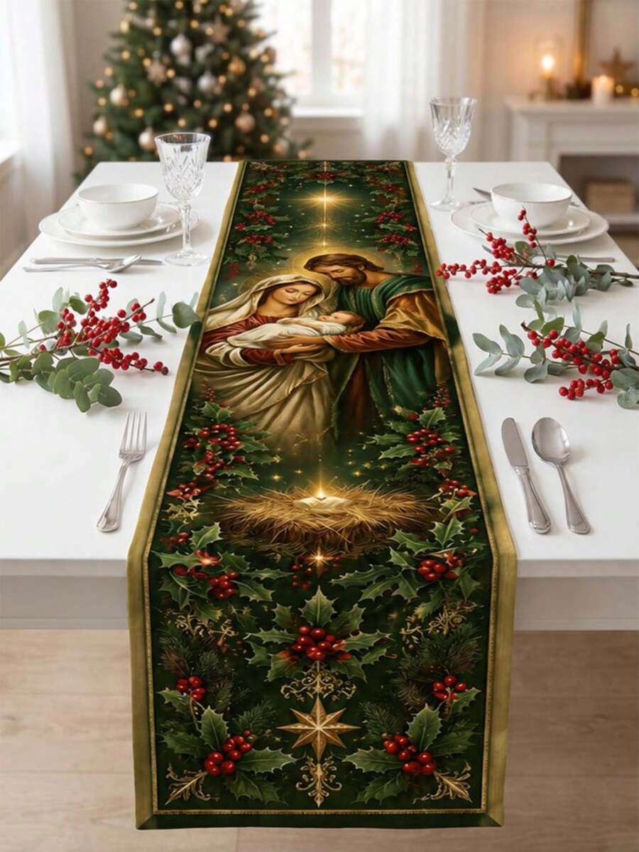 1件裝聖誕馬槽主題桌旗，綠色復古聖家馬槽冬青紅莓印花亞麻感布料，聖誕晚餐家庭聚會廚房餐廳桌面裝飾 - 彩色 - 查看 1