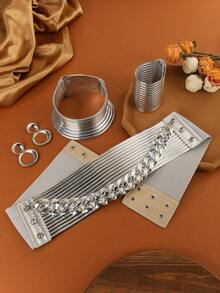 1 Set Exaggerated European American African French Korean Bohemian South Asian Style Vacation Party Evening Banquet Wedding Fashion Vintage Belt Bracelet Earrings Necklace - Silver - View 3
