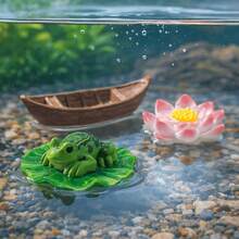 Mini ornement de paysage aquatique flottant réaliste, grenouille en résine imperméable, feuille de lotus, fleur de lotus et combinaison de petit bateau, nouveau style pastoral zen chinois, design de bloc de couleurs vert rose marron avec feuille de lotus, grenouille, fleur de lotus et petit bateau, décoration de micro paysage flottant, décoration d'aquarium / bassin de jardin / ornement de micro paysage de bureau, accessoire de décoration d'aquarium populaire - A - Voir 5