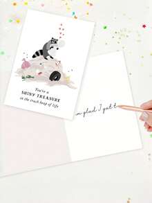 1pc "Shiny Treasure" Funny Raccoon Birthday Card With Envelope – Cute Trash Panda Trash Heap Cartoon Design – Heartfelt Encouragement Greeting For Friends & Loved Ones – Blank Inside - A - View 4
