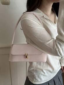 Soft PU Metal Buckle Decor Vintage Shell Baguette Shoulder Bag New Women's Handbag Small Square Bag - Pink - View 4