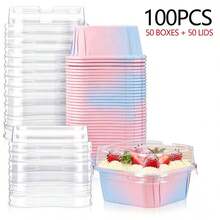 100/40/20 Peças Assadeira de Micro-ondas com Tampa 6oz (Aprox. 170,1g) Embalagem de Xícara Quadrada para Cupcake, Bandeja de Papel Parafinado para Pão, Recipiente Descartável para Alimentos, Tigela, Adequado para Bolo, Sorvete, Iogurte, Comida de Festa - Multicolorido - Visão 14