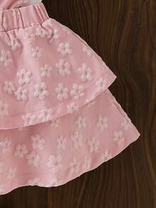 3pcs Baby Girl Sweet Princess Set: Solid Color Cap Sleeve T-Shirt, Jacquard Floral Pinafore Dress With Tiered Skirt, Headband With Bow - Pink - View 8