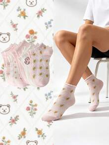 5 Pairs Women's Elegant Floral Print Short Socks, Non-Slip, Suitable For Spring And Autumn, Fun Socks - Multicolor - View 1