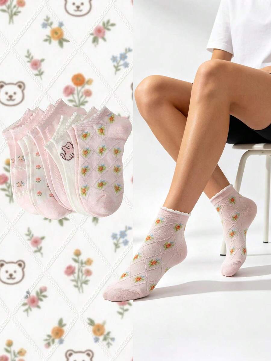 5 Pairs Women's Elegant Floral Print Short Socks, Non-Slip, Suitable For Spring And Autumn, Fun Socks - Multicolor - View 1