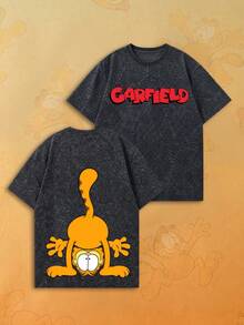 SHEIN | Garfield Áo thun nữ màu xám wash hai mặt, in hình mèo hoạt hình hài hước trồng cây chuối và chữ đỏ, tay ngắn dáng rộng, phong cách street girl mặc hàng ngày - màu đen - Xem 7