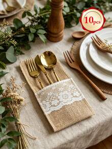 Linen Lace Cutlery Pouch, Rustic Coarse Linen Long Tableware Storage Sleeve For Birthday Party Christmas Table Decor - Multicolor - View 10