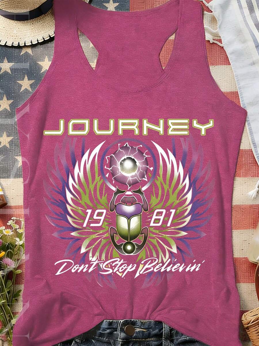 Women's Vintage  Tour Pyromania Graphic Print Sleeveless Scoop Neck Casual Tank Top, Summer Style - 玫紅色 - 查看 1