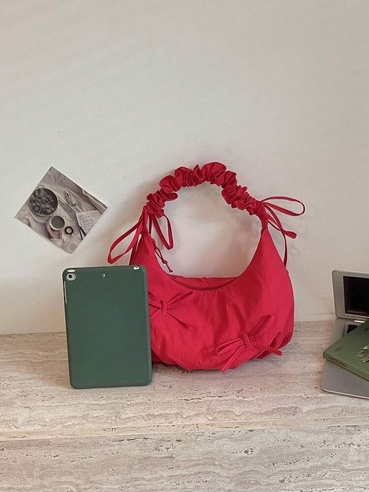 1 túi đeo vai/đeo chéo nữ bằng vải nylon xếp ly hình đám mây màu đỏ có nơ, khóa kéo, phong cách trẻ trung dùng cho mọi mùa - Đỏ - Xem 4