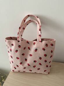 Bolso tote con estampado de fresas, elegante bolso de hombro de gran capacidad con material de pana para mujeres, y bolso de fresas lindo para San Valentín, bolsos tote para estudiantes, múl - Rosa - Ver 1