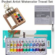 5pcs Mini Acrylic Paint Set, Portable Travel Watercolor Set, 8/15 Grid Palette, Clips, Sketchbook, Brushes, Includes 12 Colors, Wooden Grid Paint Box, Suitable For Painters, Artists - Sets - View 14