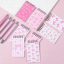 8 Sets Pink Bow Spiral Notebook And Pen Set, Tear-Off Notebook, Memo Pad, Portable Pocket Mini Notebook, Stationery Notebook, Student Prize, Party Gift, Notebook Gift Pack School Supplies - Bow Series - View 9