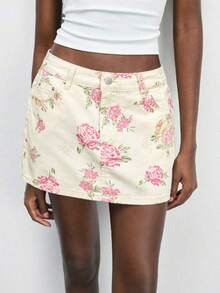 Falda elegante de color marrón sólido con parches de encaje, adecuada para el trayecto de primavera - Beis - Ver 4