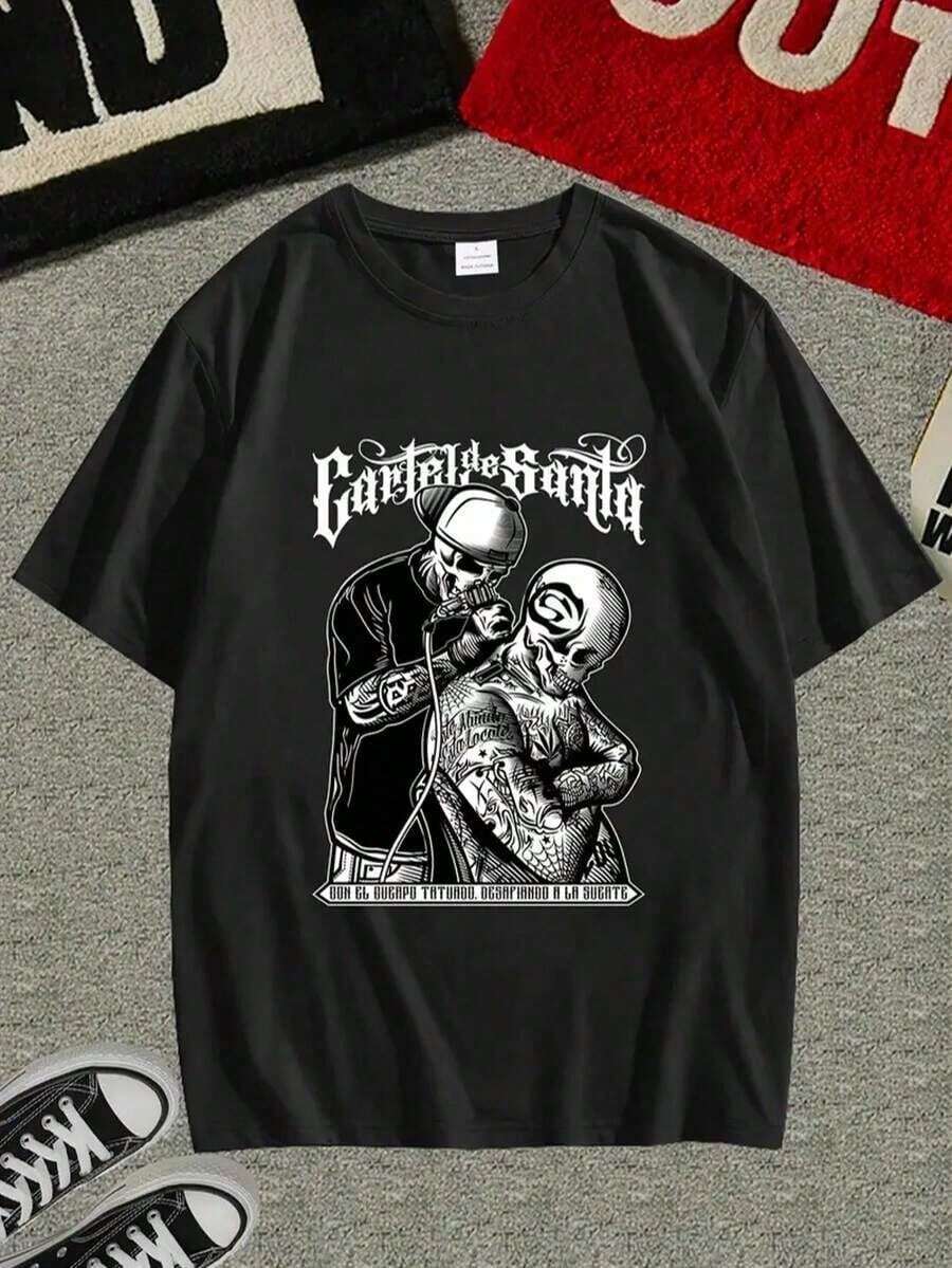 Skull Tattoo Artist, Classic Retro Hop Casual Fashion Y2K Skull Tattoo Popular Skull Letter Print Boutique 180g Cotton T-Shirt - 酒紅色 - 查看 1