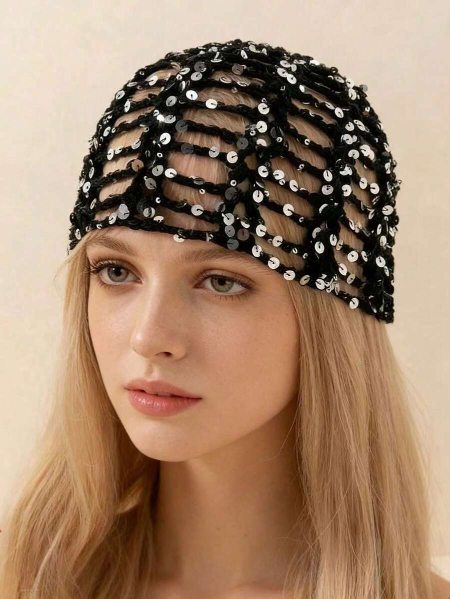 Red Openwork Knit Hat With Mesh And Sparkling Sequins, Bohemian Party Accessory For Women Spring-Summer, Photoshoot Prop - Black - View 1