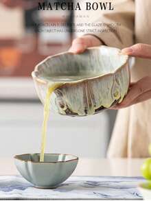 抹茶茶具套組，窯釉陶瓷抹茶碗附出水口、竹製茶筅與茶筅座、不鏽鋼篩網、竹製茶勺、復古茶墊，傳統茶道工具套裝，精美禮盒，適合居家、婚禮、節日送禮 - 彩色 - 查看 8