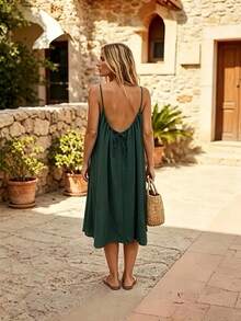 Perfect For Your Vacation! Midi Dress With Thin Straps, Open Back With Drawstring, Lightweight Fabric That Flatters Your Figure. - 墨綠色 - 查看 3