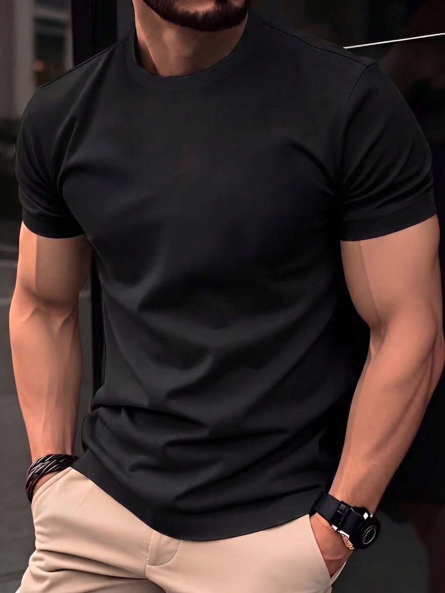 Camiseta corta de hombre con mangas cortas y color único, estación de verano. Camiseta versátil sin estampados, ideal para el hogar, deportes y actividades al aire libre. Compatible con homb - Negro - Ver 1