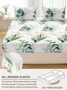 1pc Leaf Flower Print Bed Sheet, Bedding, Fitted Sheet, Mattress Cover, Soft And Comfortable Bedding For Bedroom Mattress Protector Fitted Bed Sheet Only, Machine Washable - Multicolor - View 4