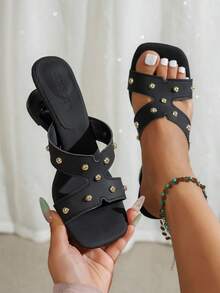 Sandalias de tacón alto con punta cuadrada negra estilo europeo & americano con decoración de strass & tachuelas, punta abierta, elegantes y versátiles para el día a día - Negro - Ver 1