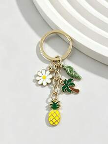 [1pc] Tropical Summer Style Keychain, Pineapple Palm Tree Daisy Shell Multi-Pendant Bag Charm, Enamel Gold Beach Vacation Key Ring, Summer Beach Bag Decoration Pendant, Vacation Style, Bag Charm, Summer Travel Gift Accessory - Yellow + Green + White - View 1