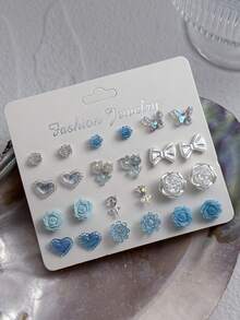 12 Pairs Fashionable Unique Women's Exquisite Stud Earrings Set, Minimalist Bow Heart Flower Design, Suitable For Casual, Date, Daily Wear, Jewelry Gift - Baby Blue - View 3