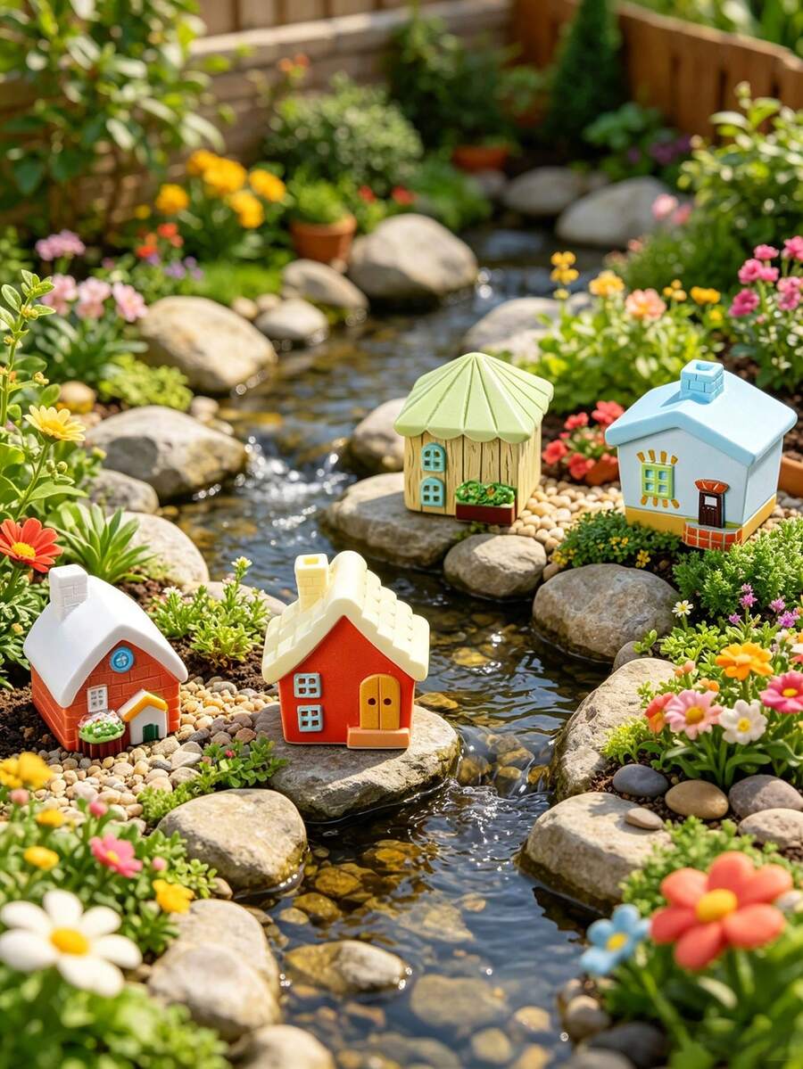 8pcs Mini Resin House Decor, Mini Fairy Garden Cottage Set, Resin House, Suitable For Glass Containers, Bonsai And Home Decor - Multi-Functional Indoor/Outdoor Decoration Labor Day Gift, Aquarium Decor