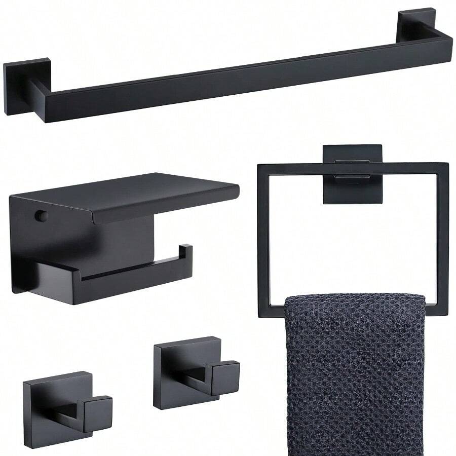 Juego de 5 piezas de accesorios de baño con toallero, soporte de papel higiénico con estante, montado en la pared, de oro cepillado, acero inoxidable, juego de accesorios de baño - él - Ver 1