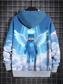 Tween Boy Fashion Printed Casual Pullover - Long Sleeve, Crew Neck Sweatshirt, Suitable For Spring And Autumn, Cool Print - Blue - View 3