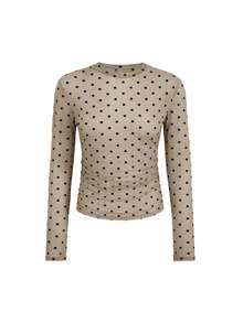 Sexy Hot Girl Style Coffee Polka Dot Mesh Long Sleeve T-Shirt Women Summer Slim Fit Flattering Design Layering Sheer Minimalist Top Vacation - Brown - View 8