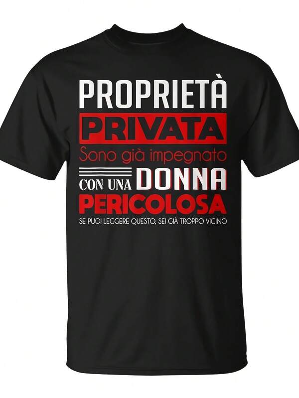 Maglietta divertente per proposta di matrimonio italiana - Maglietta nera con testo rosso - "Proprietà di una donna sposata" - Regalo umoristico per fidanzamento, anniversario - Vestibilità regolare, maglietta a maniche corte per uomo - M