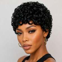Black Curly Wig Pixie Cut Wig Human Hair Wigs Women's Short Hair Wig Elegant Design 4 Inches Elastic Mesh Cap Suitable For All People - Natural Black - View 3