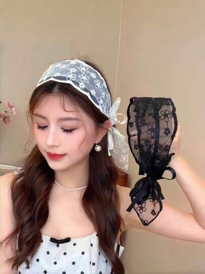 2Pcs Floral Lace Bow Ribbon Headbands, French Fairy Tie Hair Hoops, Elegant Daily Hair Accessories For Women