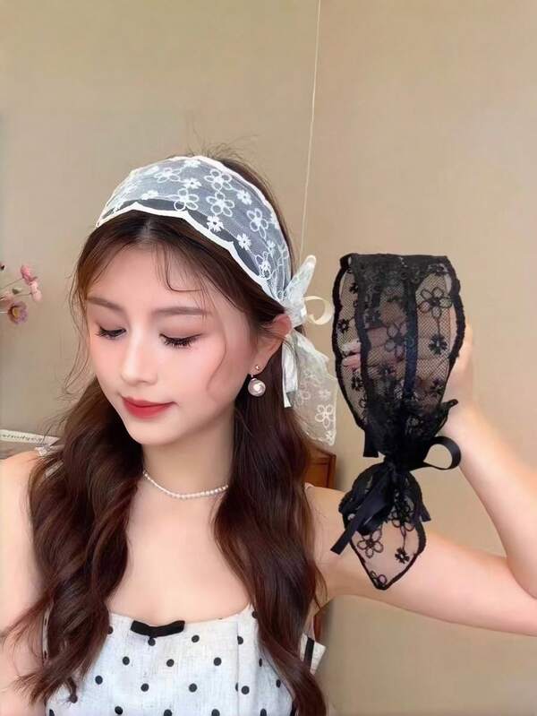 2件裝花卉蕾絲蝴蝶結緞帶髮箍，法式仙女風綁帶髮圈，優雅日常女性髮飾