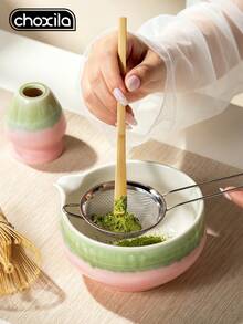 choxila 2pcs Pink-Green Gradient Ceramic Matcha Bowl Set, Includes Tea Whisk Holder, Spout Japanese Tea Bowl, Suitable For Matcha Tea Ceremony - Matcha Two-piece Set - View 4