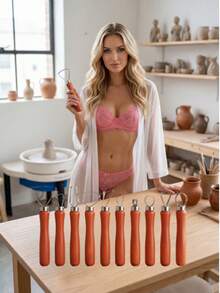 10pcs Soft Clay Sculpting Tools, Pottery Modeling Knife, DIY Art Craft Supplies - Wood Color - View 9