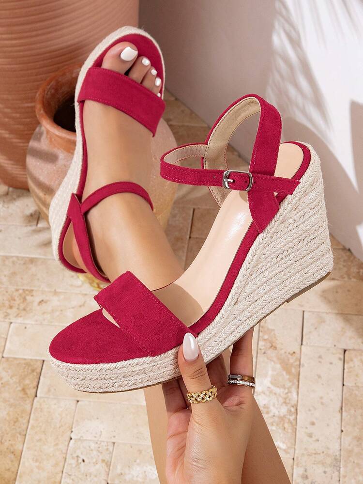 New Straw Woven Black Wedge Sandals For Women, Spring Summer Outdoor Vacation Style, One-Strap Rope Wedge High Heel Fashion Thick Sole Roman Sandals - Red - View 2