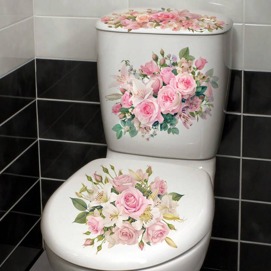 1pc Fresh Pink & White Floral Toilet Sticker Set, Self-Adhesive Glue-Free, Full Bathroom Toilet Decor Stickers - Multicolor - View 1
