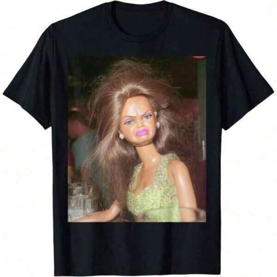 Camiseta de Algodón con Gráfico de Cara de Muñeca Divertida y Repugnante, Estilo Y2K, Unisex, Cuello Redondo, Manga Corta, para Verano, Vacaciones, Casual, Regalo Sarcástico - Negro - Ver 1