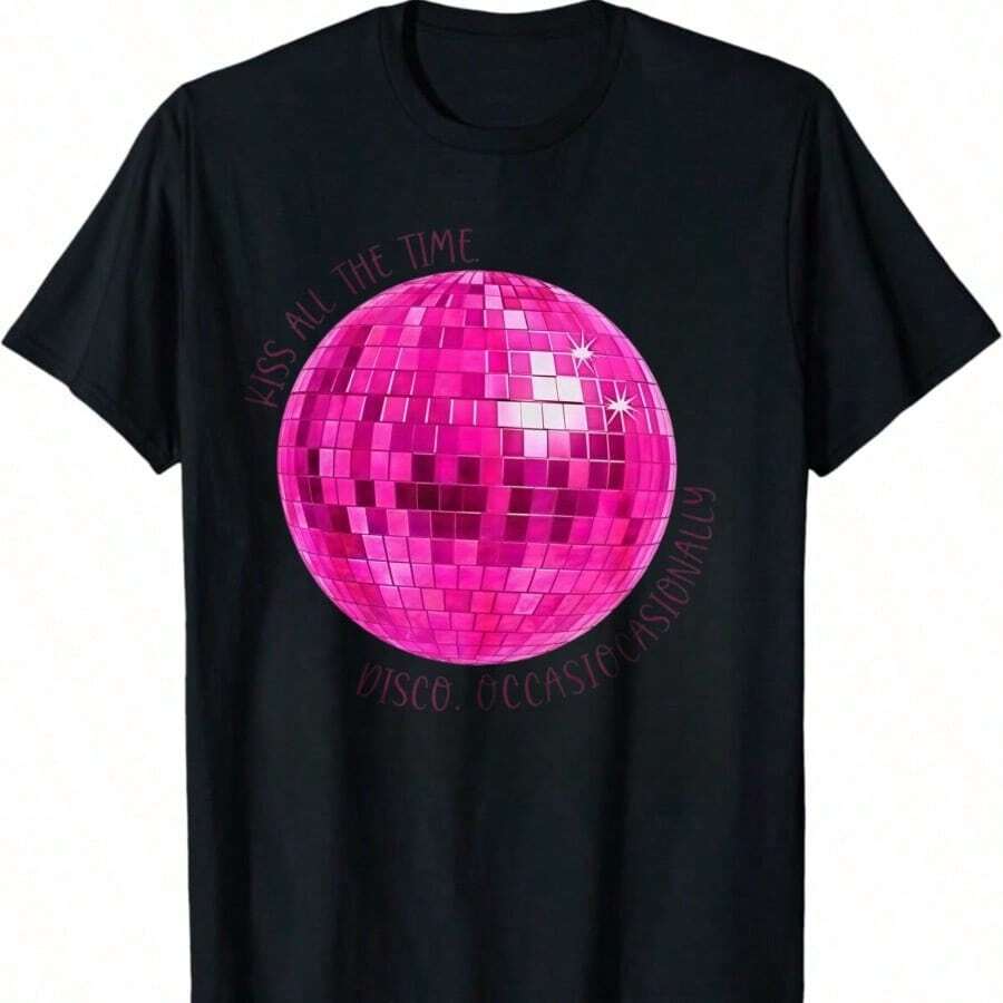 Crew Neck Short Sleeve T-Shirt With Vintage Lip Print And "All The Time" Text, Soft Y2K Aesthetic, Everyday Casual Basic For Women - Black 5 - View 1
