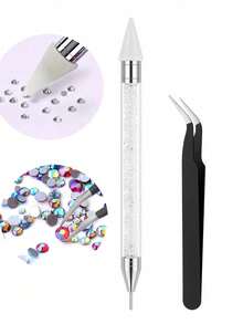 2pcs Dual-Ended Rhinestone Pens, 1pc Rhinestone Tool - Acrylic Handle Dual-Ended Wax Pencil DIY Nail Art Tool With Tweezers - Multicolor - View 1