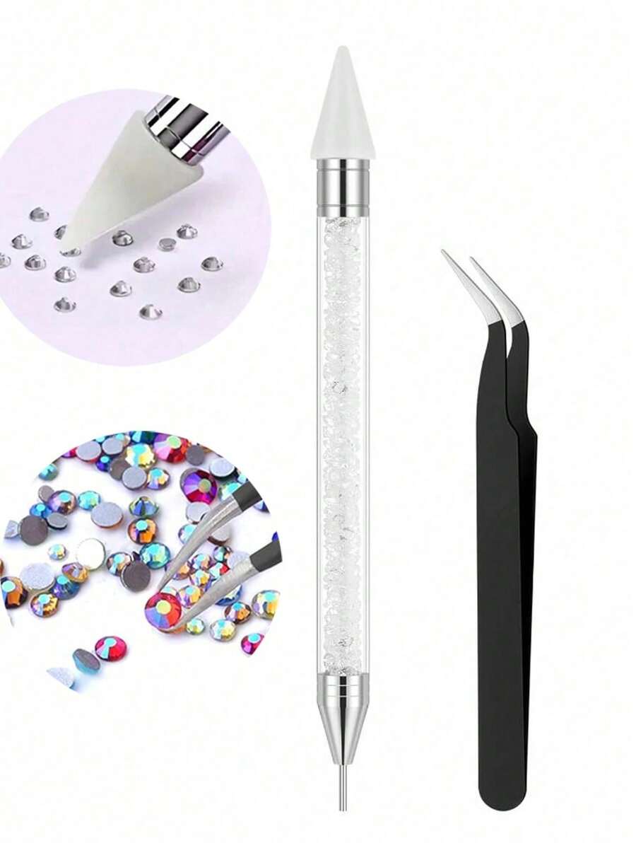 2pcs Dual-Ended Rhinestone Pens, 1pc Rhinestone Tool - Acrylic Handle Dual-Ended Wax Pencil DIY Nail Art Tool With Tweezers - Multicolor - View 1