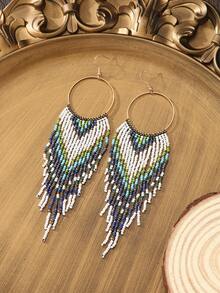 1 par de pendientes de aro con borlas de cuentas de semilla hechas a mano en blanco, verde y azul, pendientes de cuentas, accesorios de estilo bohemio para vacaciones, pendientes largos colgantes vintage para mujer, diseñados para mujer, pendientes de aro redondos, estilo a la altura del hombro, accesorios personalizados para vacaciones, adecuados para fiestas, uso diario y vacaciones - borlas redondas - Ver 5