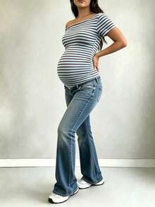 Parara Maternity Bodysuit, Asymmetric Neckline, Short Sleeve, High Stretch Fabric, Open Back Design Summer - Blue - View 3