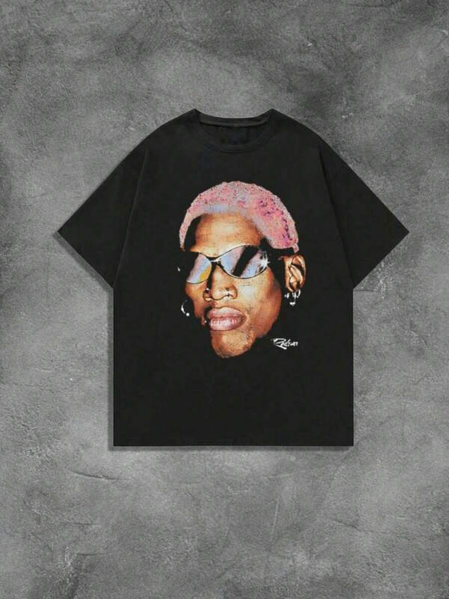 Black T-Shirt With Portrait Graphic Print, Comfortable And Casual Short Sleeve, 7.76 Oz Thick Cotton T-Shirt For Men, Vintage Style - 黑色 - 查看 1