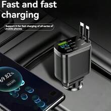 1件裝可伸縮5合1車用充電器轉接頭，內建可伸縮線，雙PD 3.1A超快充接口，數位電壓顯示，通用車充，適用手機、平板與電子設備，適合日常開車通勤與公路旅行 - 均碼 - 查看 1