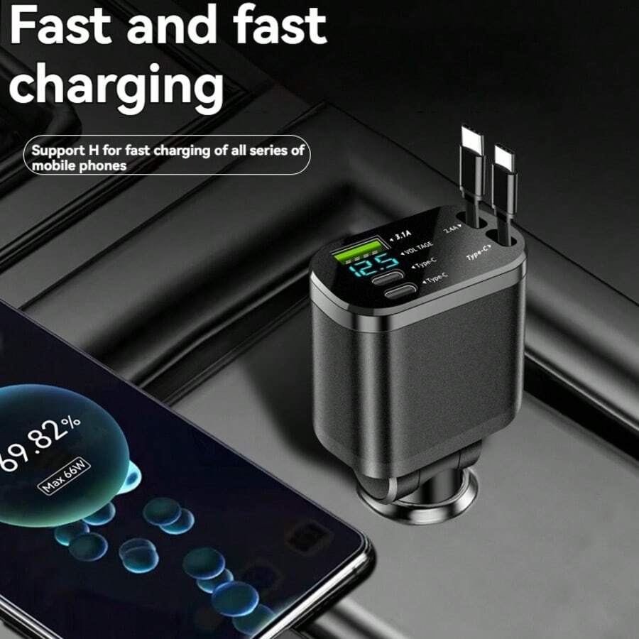 1件裝可伸縮5合1車用充電器轉接頭,內建可伸縮線,雙PD 3.1A超快充接口,數位電壓顯示,通用車充,適用手機、平板與電子設備,適合日常開車通勤與公路旅行 - 均碼 - 查看 1
