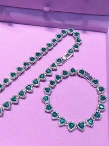 1pc Green Heart-Shaped Rhinestone Tennis Chain Jewelry Set For Women, Silver Metal Luxury Necklace/Bracelet, Suitable For Daily Wear And Parties, Gift For Her - Green Heart - View 6