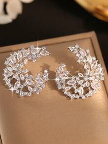 1 par de elegantes pendientes de botón con forma de hoja y flor de circonita cúbica, adecuados para boda, compromiso, fiesta, vacaciones, uso diario de mujeres, regalo de joyería de cobre - flor - Ver 12